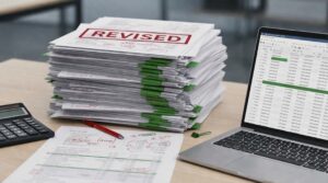 A stack of papers on a desk with recurring errors