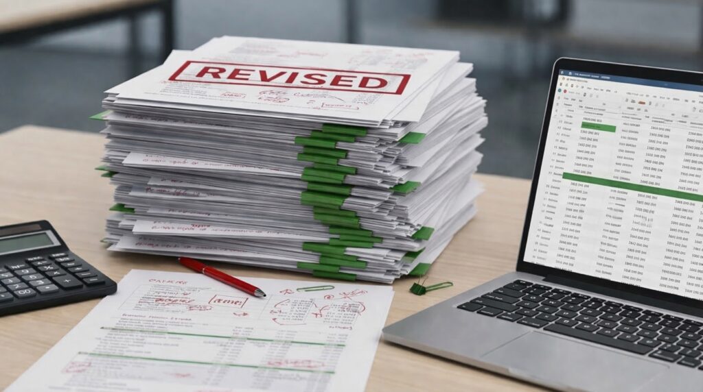 stack of papers on a desk with recurring errors.