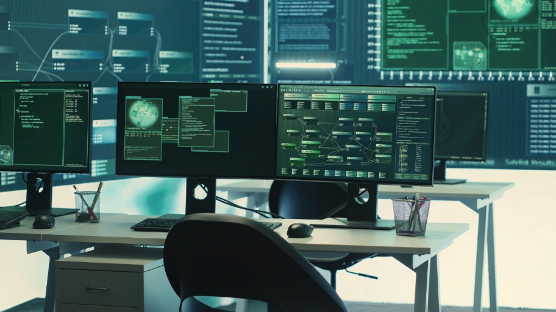 Business visibility dashboard with multiple screens showing data flows, system reports, and operational insights.
