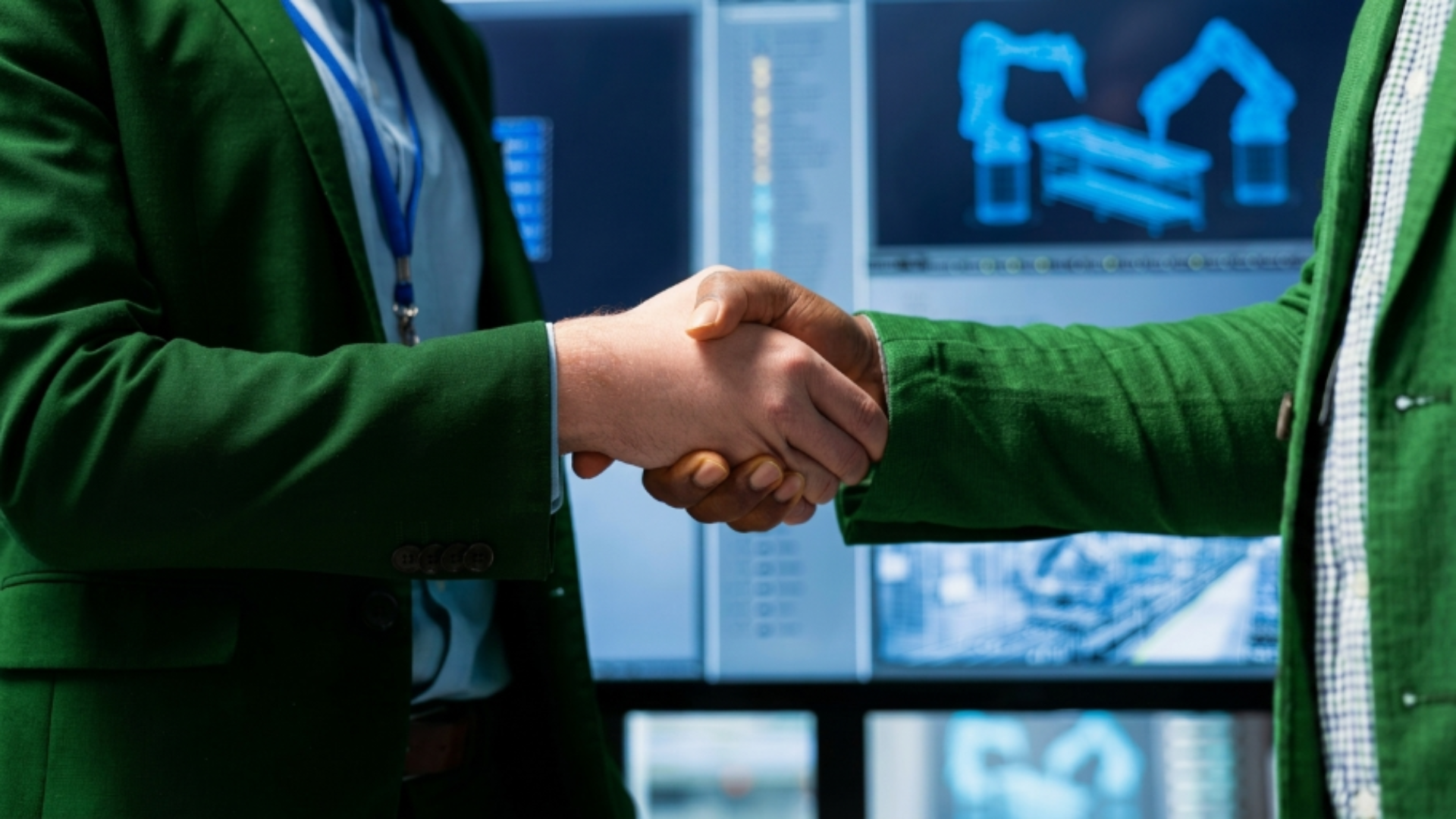 Business handshake in front of digital screens, representing a trusted technology partnership and digital transformation support.
