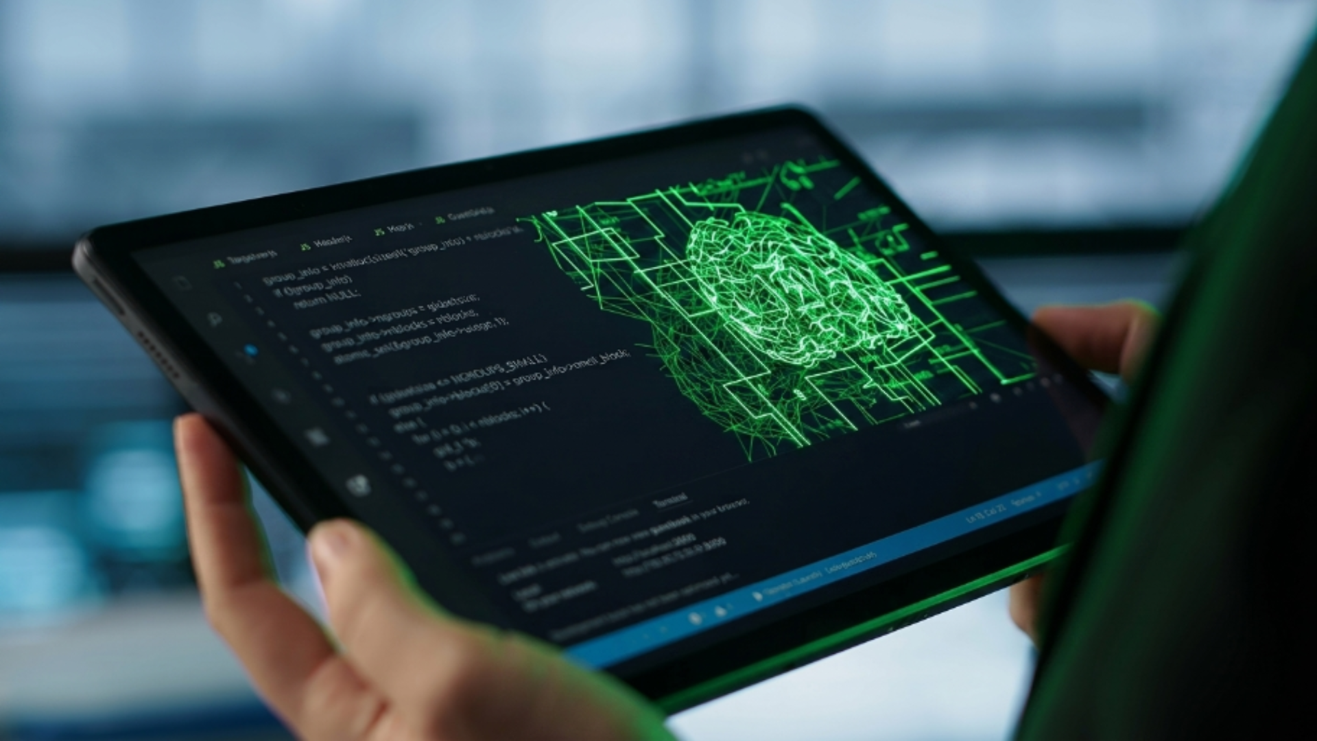 Person using a tablet with digital code and AI interface, representing technology, cybersecurity, and digital transformation.