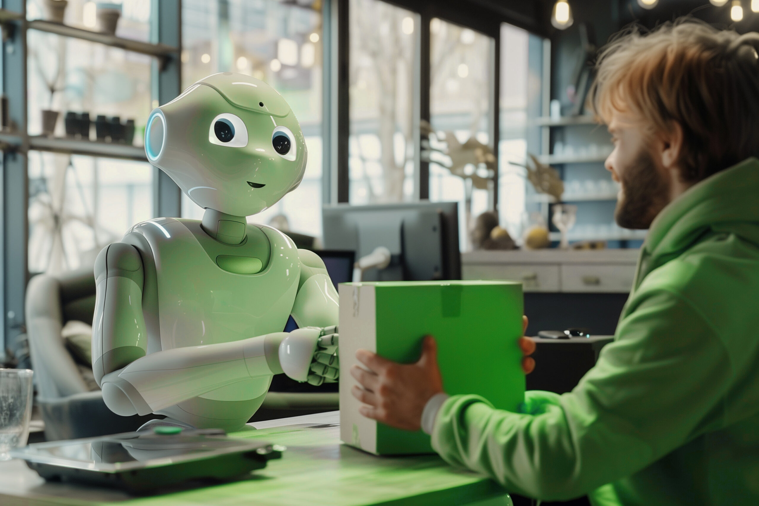 AI in Customer Service AI Robots Working in Post Office Man and Child Handing Parcel for Delivery