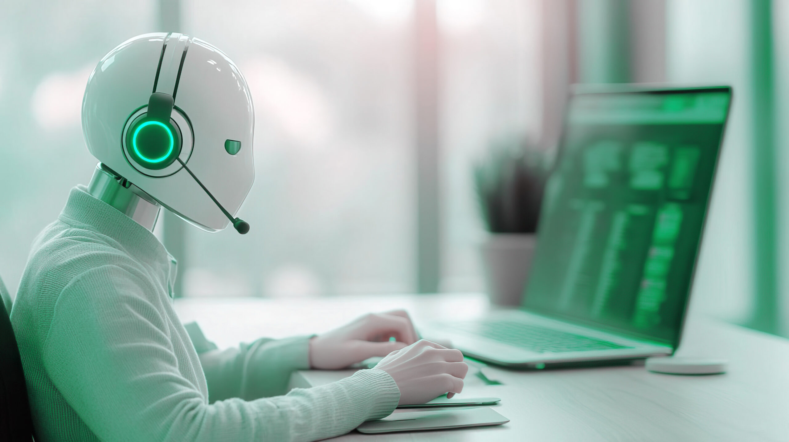 Robot with headset working on computer AI technology and customer service concept